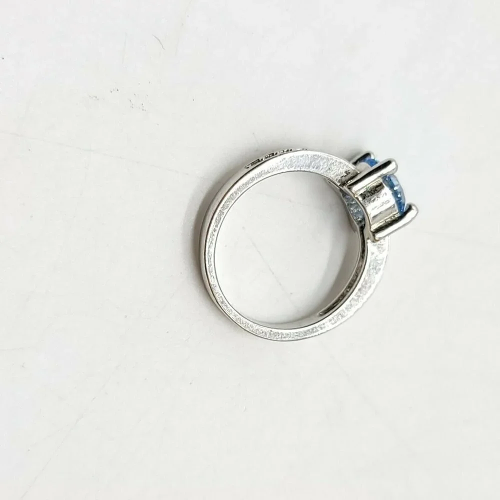 Silver Plated Blue Aquamarine Clear Rhinestone Cocktail Ring Size 5